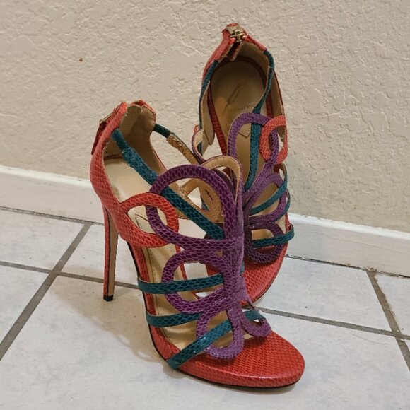 NEW NWT! BRIAN ATWOOD TIRA MARDI GRAS SNAKESKIN STILETTO SANDAL SPIKE HEELS 5.5B - Picture 3 of 8